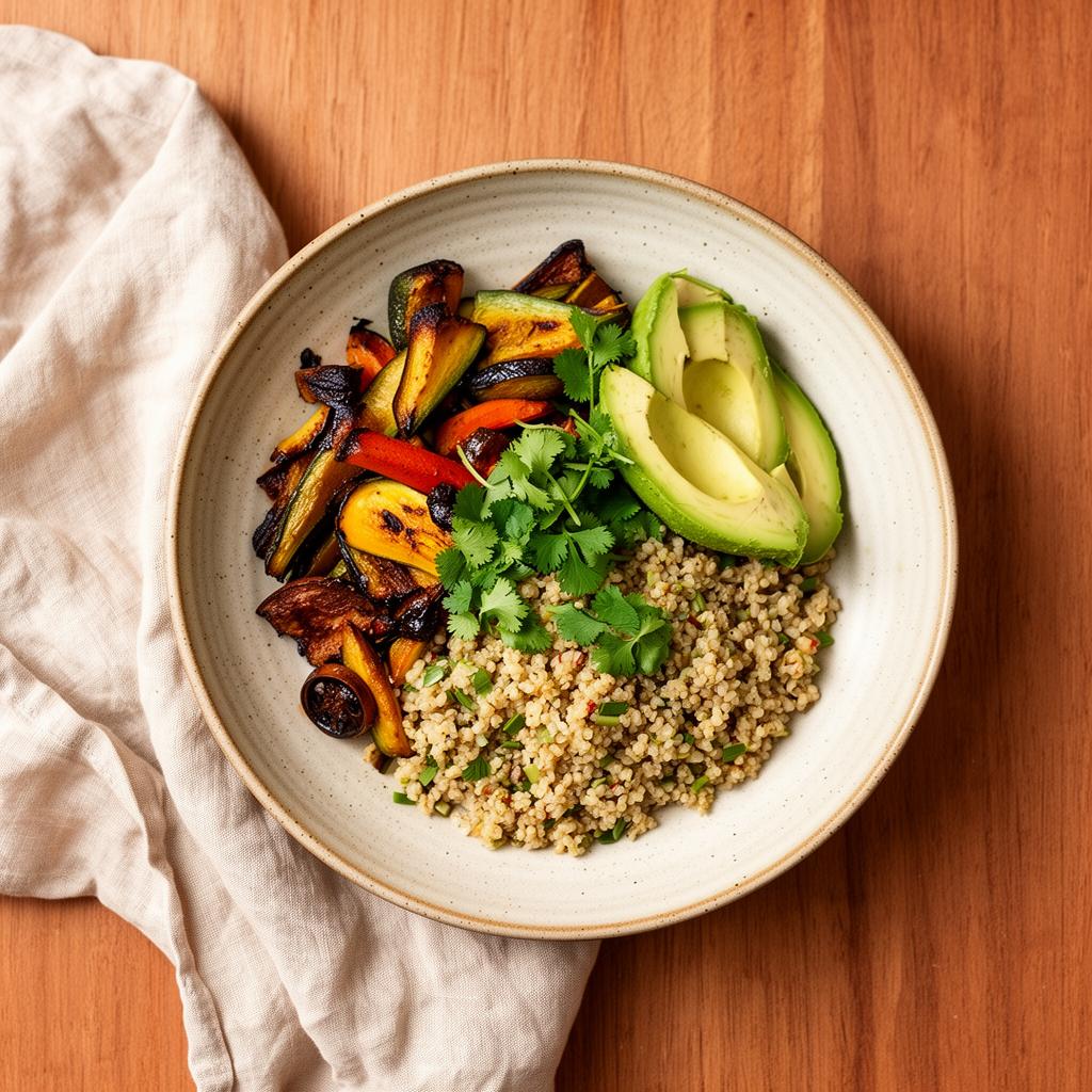 A bowl of grain, roasted vegetables, avocado and herbs